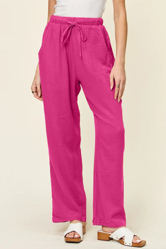 Hot Vibe Drawstring Straight Pants - Black or Hot Pink