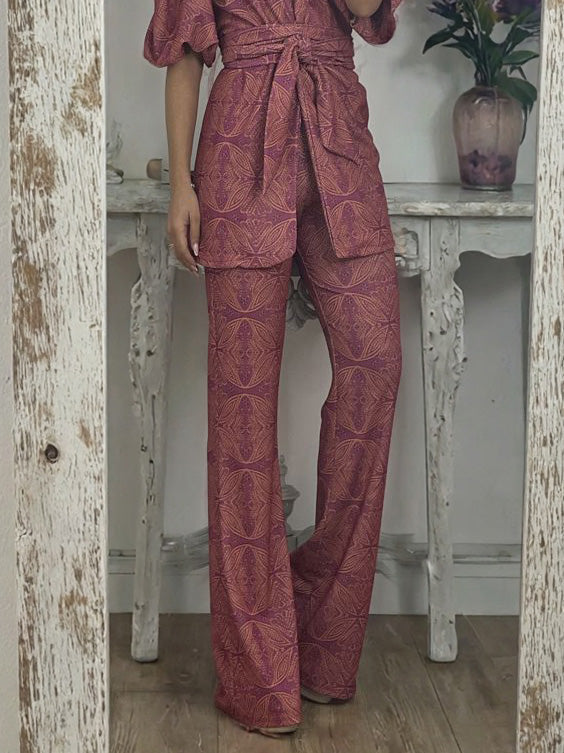 Casual Ethnic Style Printed Flared Pants Red
