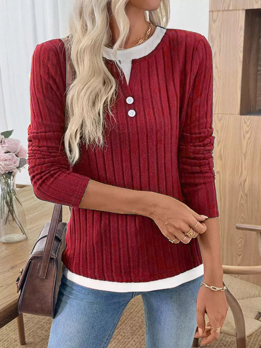Ribbed Knit Long Sleeve Fake Two-Piece T-Shirt