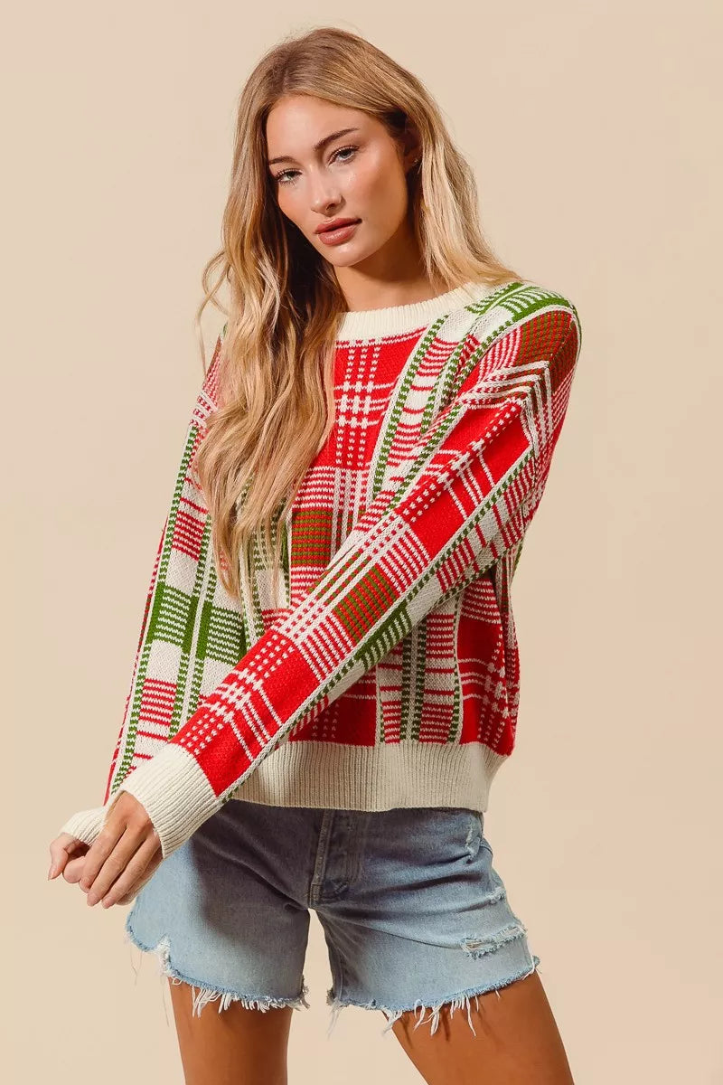 SO ME Christmas Color Checkered Plaid Crew Neck Sweater