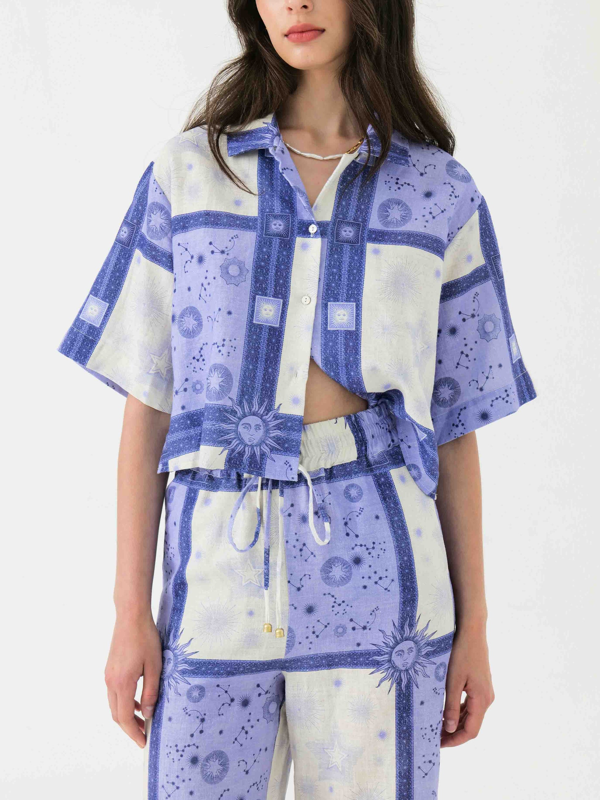 Exclusive Dreamy Galaxy Sun Print Short Shirt Blue