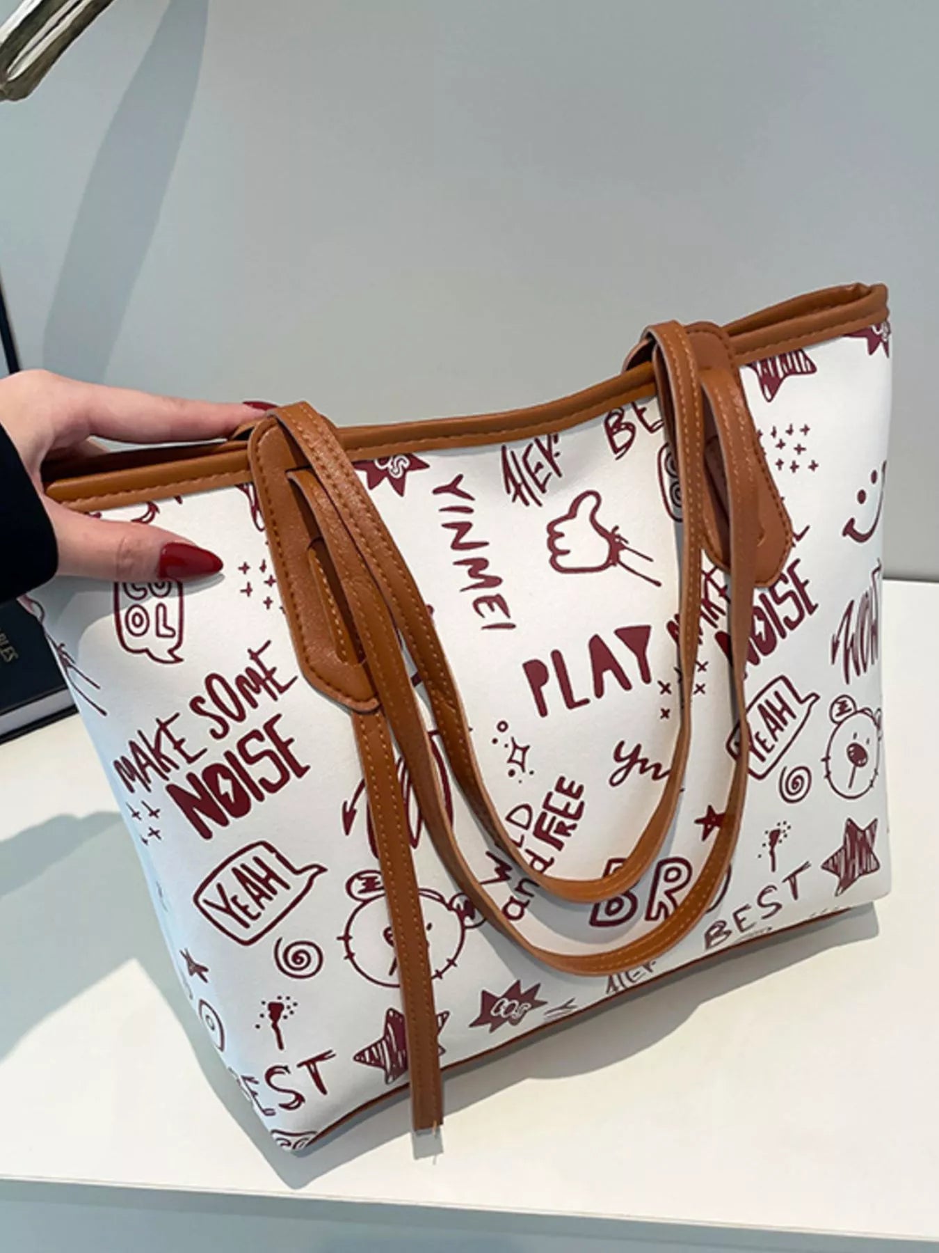 Trendy Graffiti Print Casual Tote Bag – Large Canvas Shoulder Bag for Women