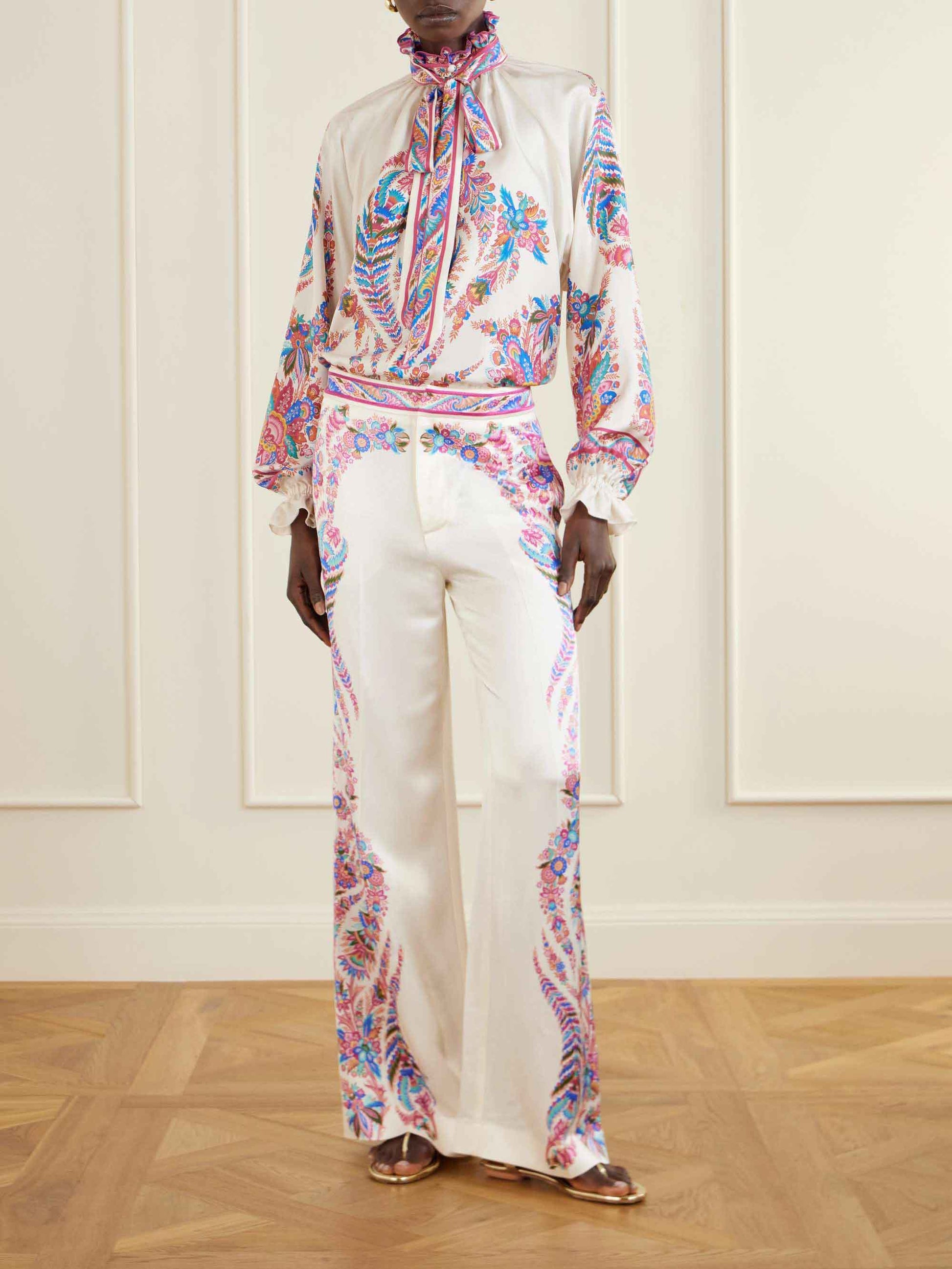 Exquisite Bow Detail Paisley Print Satin Two-Piece Set Multi Set