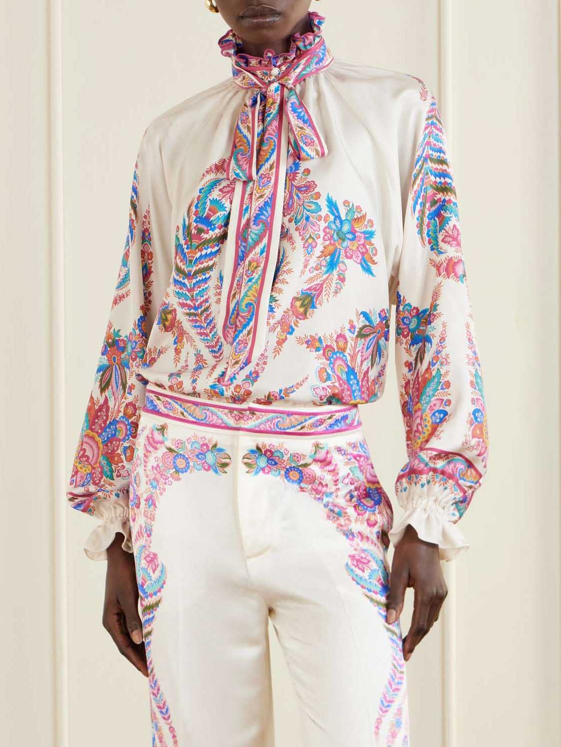 Exquisite Paisley Print Satin Wide-Leg Pants Multi Top