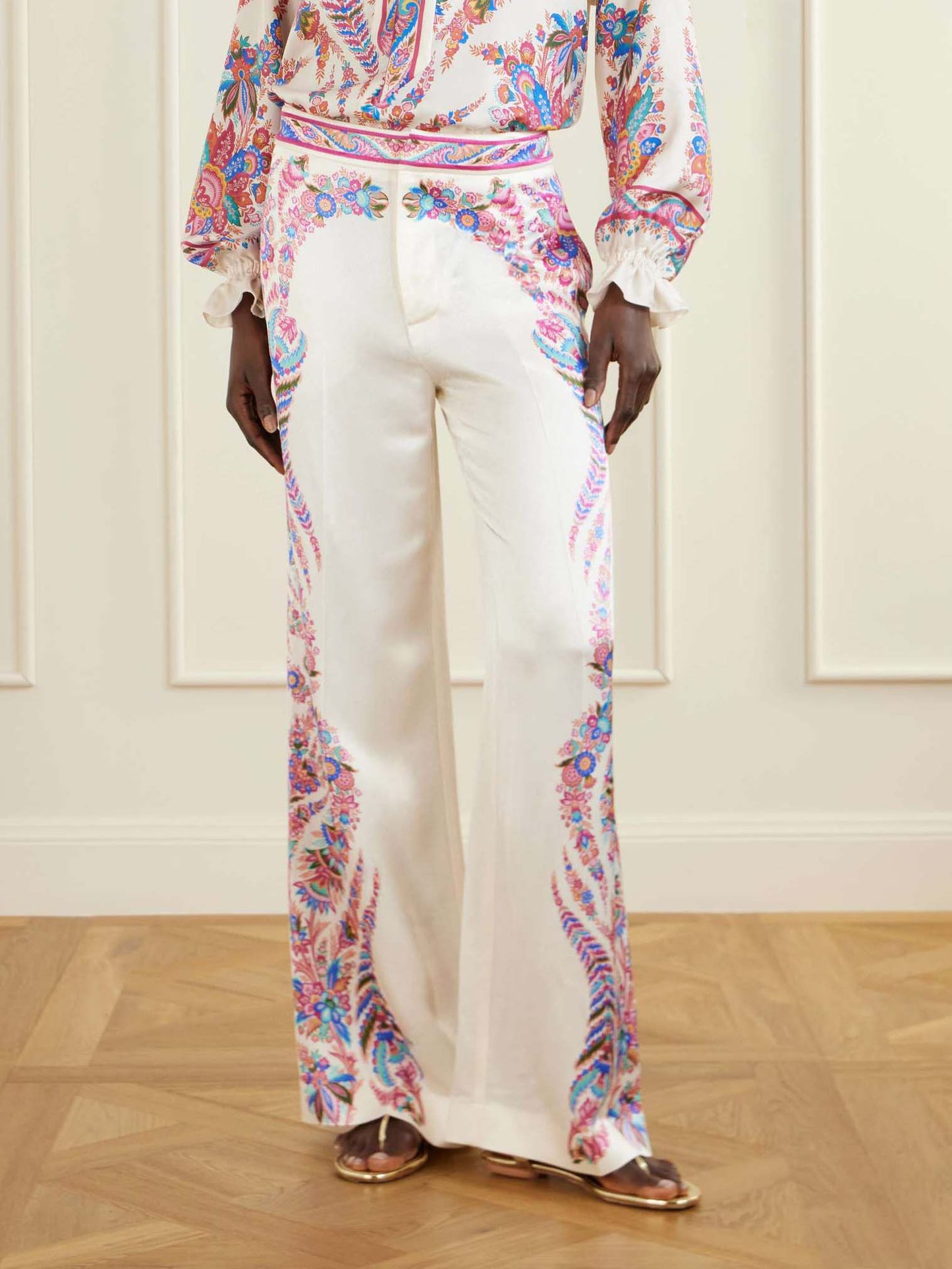 Exquisite Paisley Print Satin Wide-Leg Pants Multi Pants