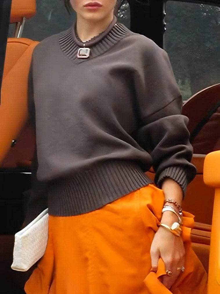 Elegant Long-sleeved V-neck Pullover Sweater Brown