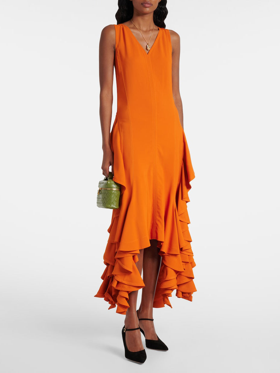 Elegant Irregular Ruffled Lightweight Maxi Dress Orange