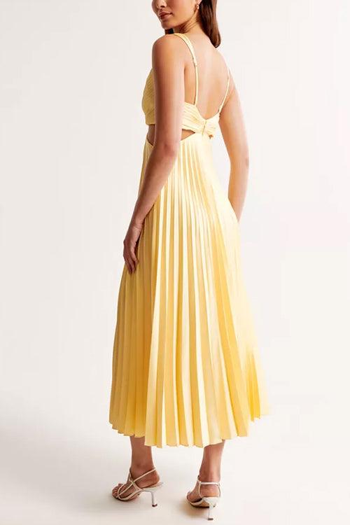 Robe longue plissée sans manches à col en V et taille découpée