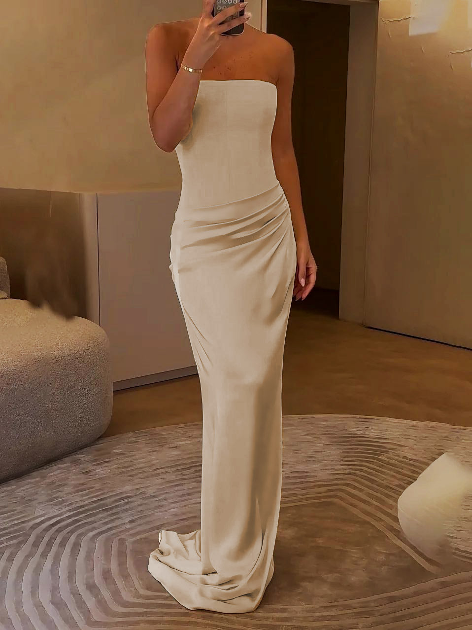 Elegant Strapless Draped Satin Maxi Dress Apricot