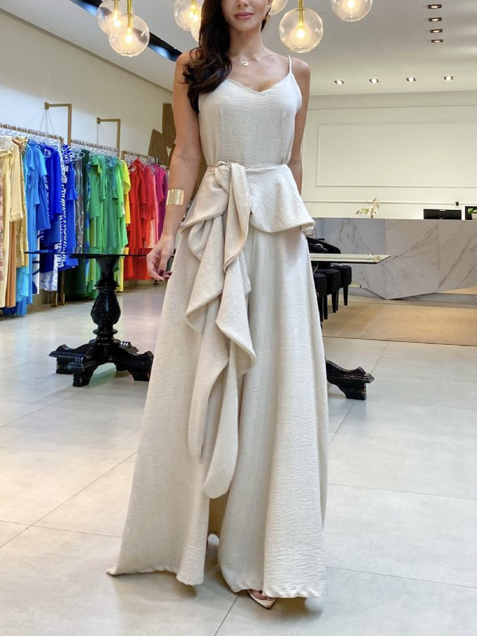 Unique Ruffled Suspender Sleeveless Jumpsuit Apricot