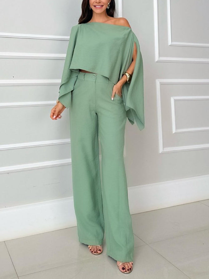 Elegant Irregular Cape Shirt And Pants Two-piece Set Green