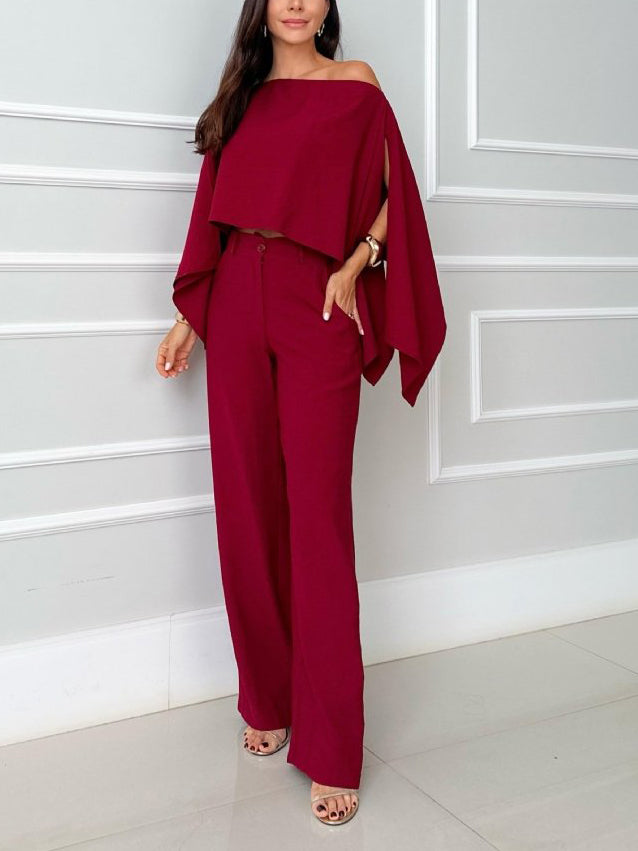 Elegant Irregular Cape Shirt And Pants Two-piece Set Red