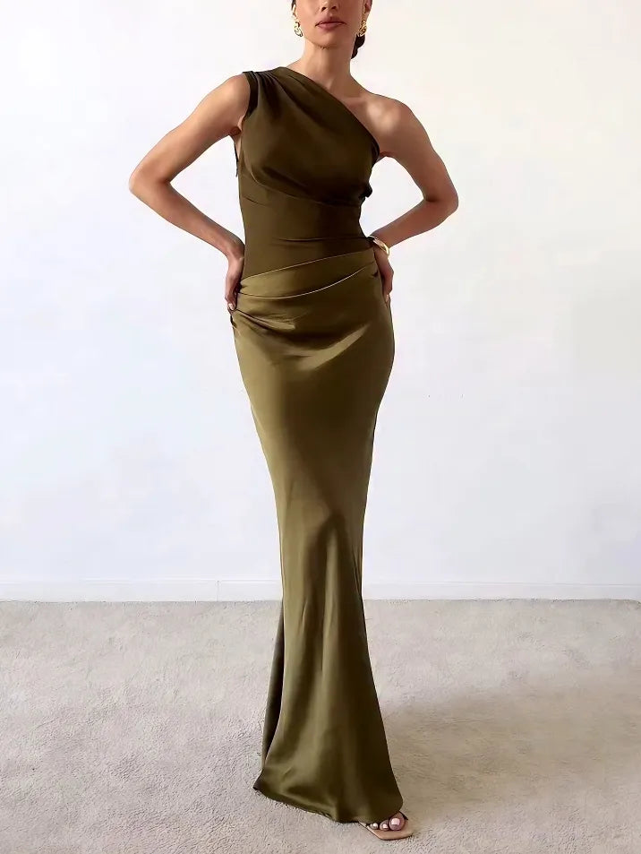 Elegant One Shoulder Neck Pleated Party Maxi Dress Dark green