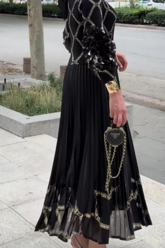 Geometric print long sleeve pleated skirt set