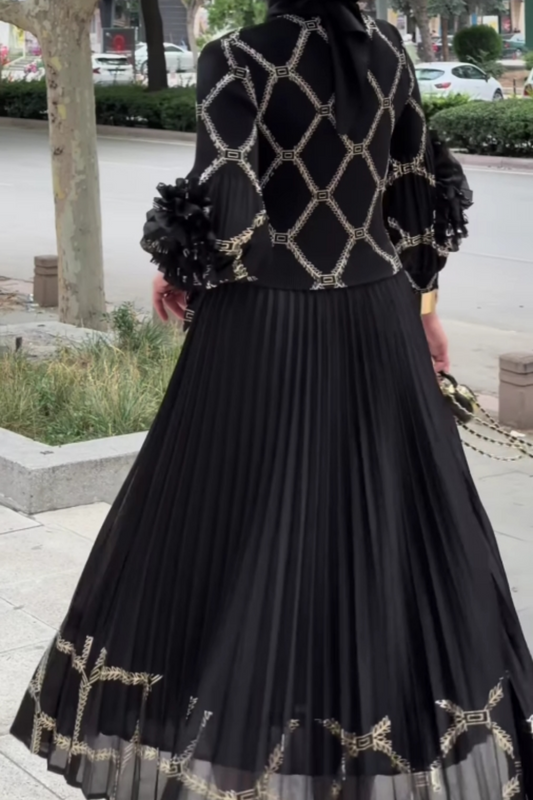 Geometric print long sleeve pleated skirt set