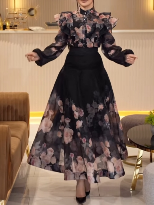 Ruffled printed shirt and skirt ladylike two-piece suit