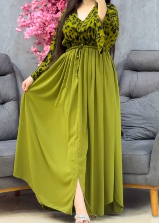 V-neck printed paneled slit dress