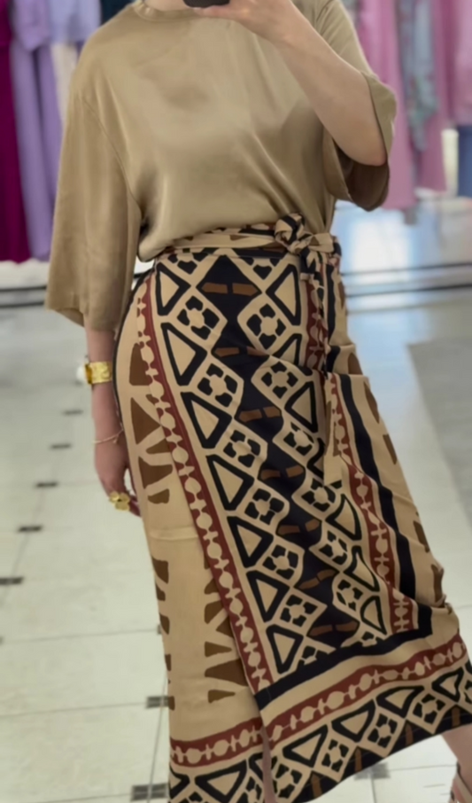 Dixie Beige Ethnic Pattern Skirt Set