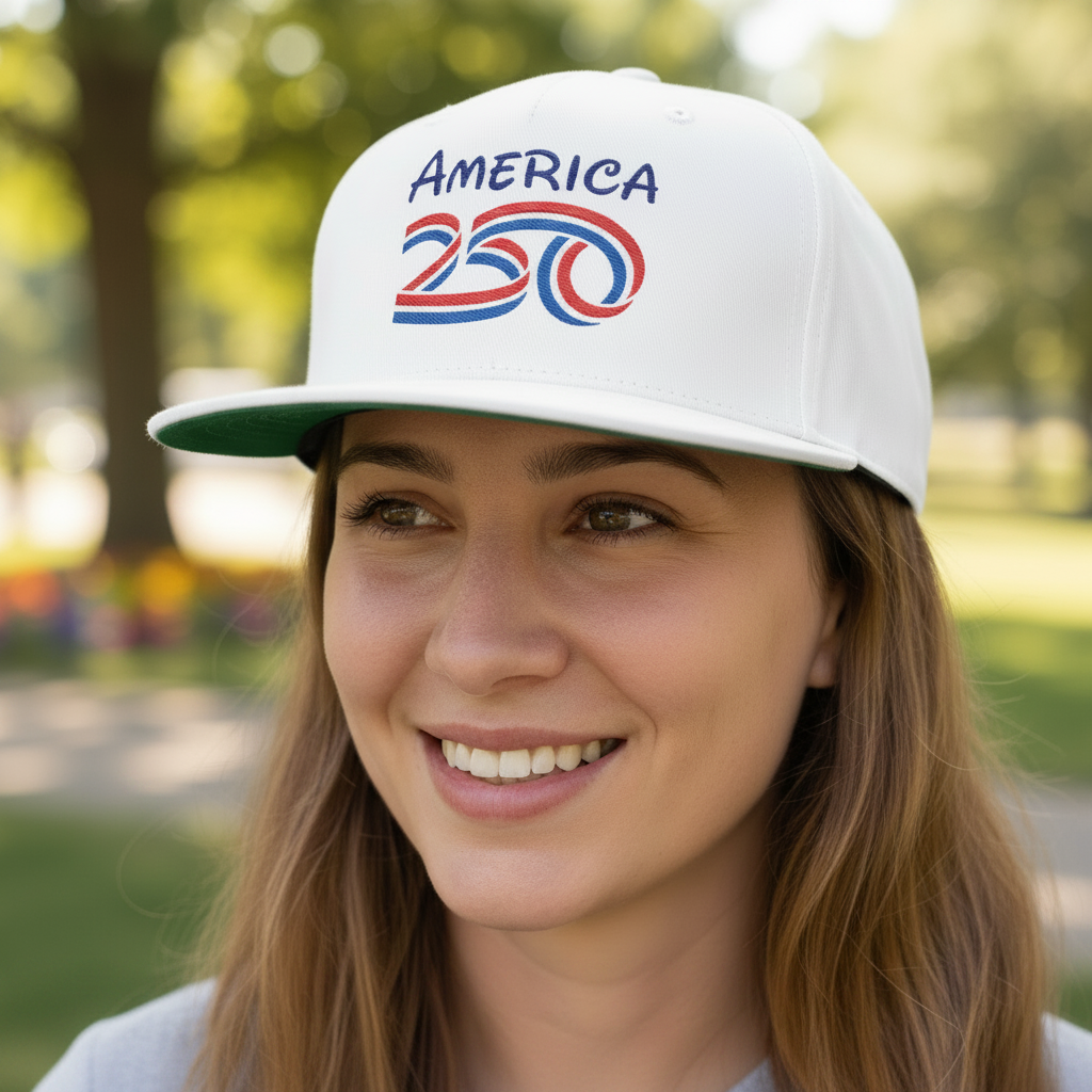 America 250 Embroidered Flat Bill Cap – Patriotic USA Anniversary Snapback