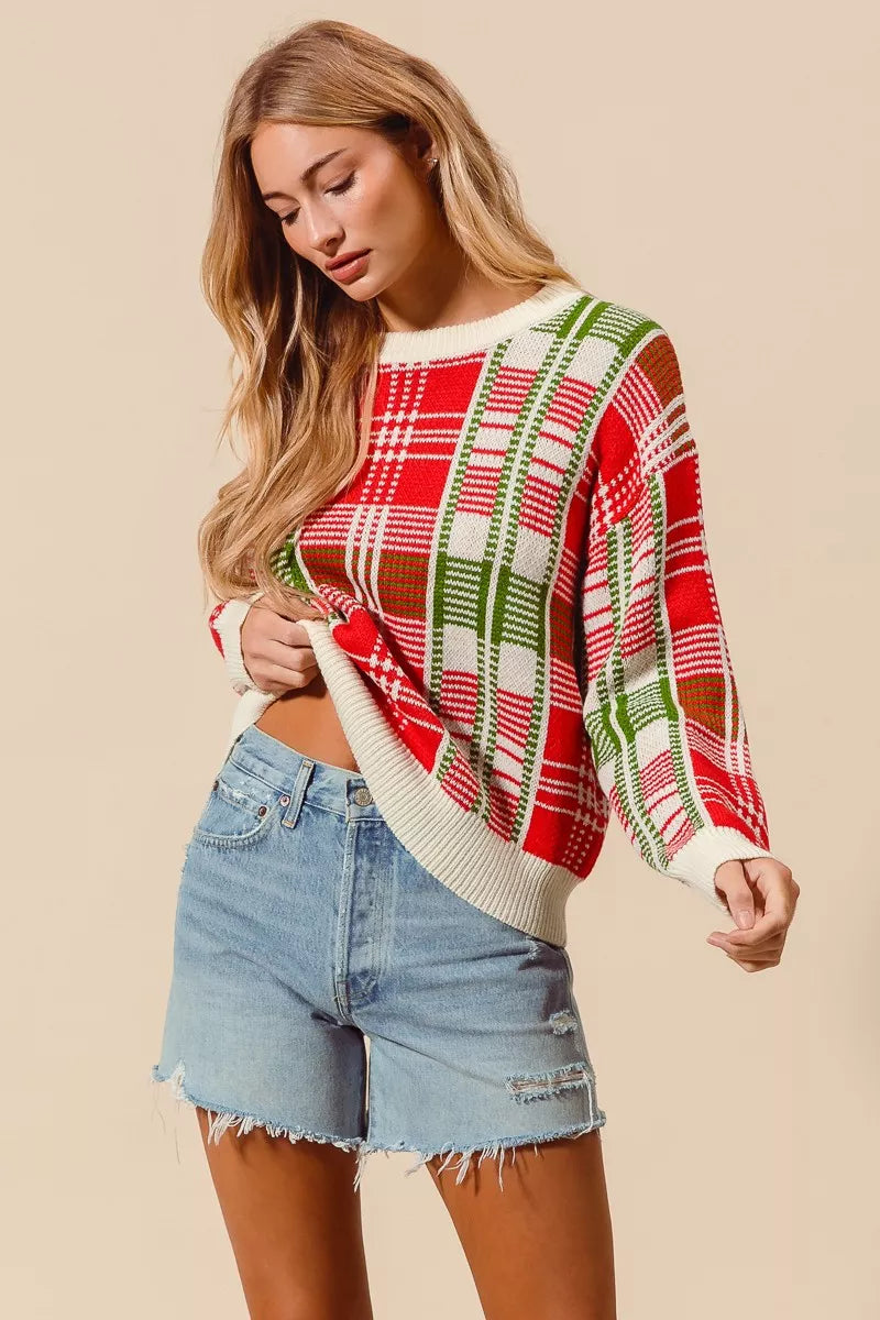 SO ME Christmas Color Checkered Plaid Crew Neck Sweater
