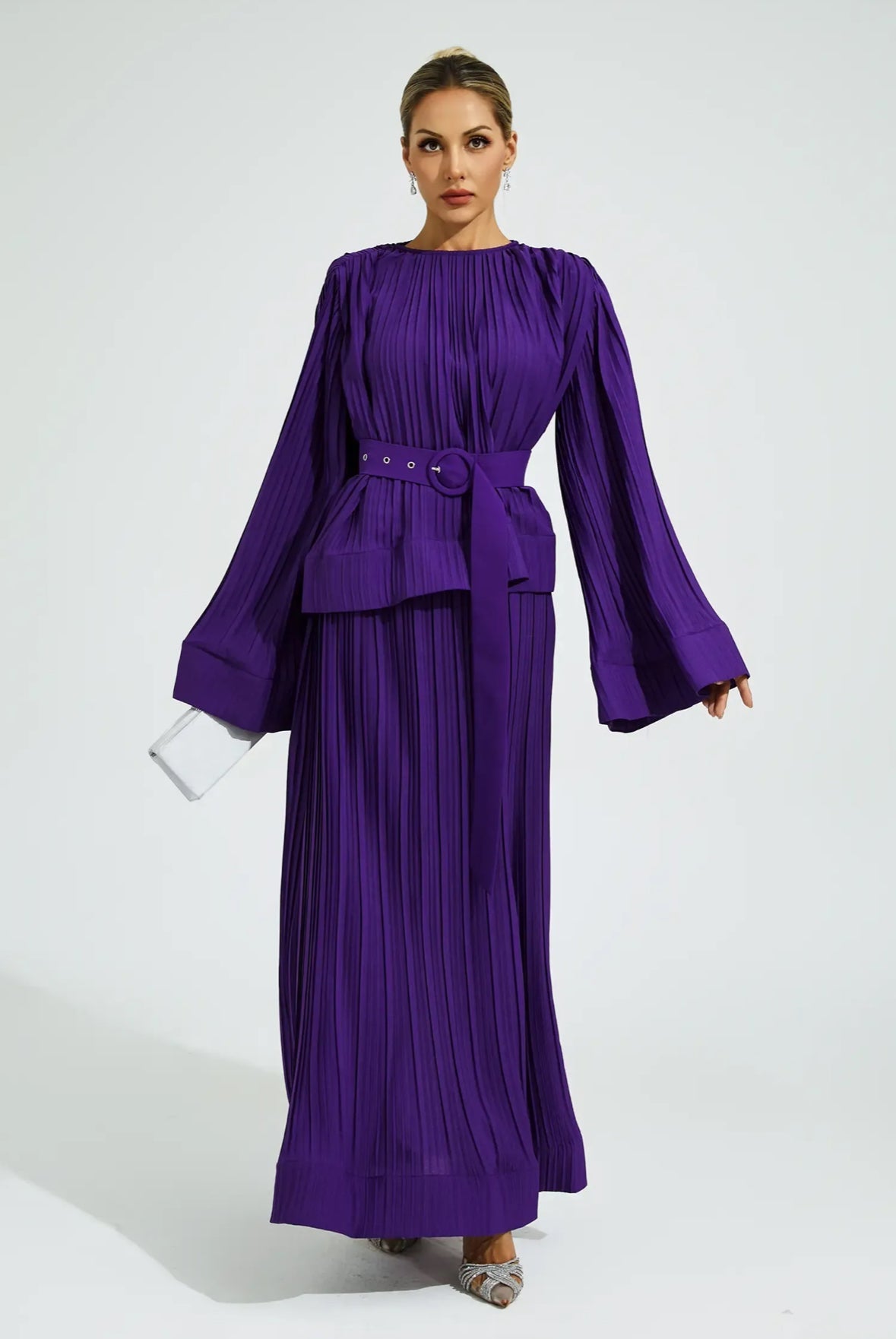 Purple belted flare skirt & top set
