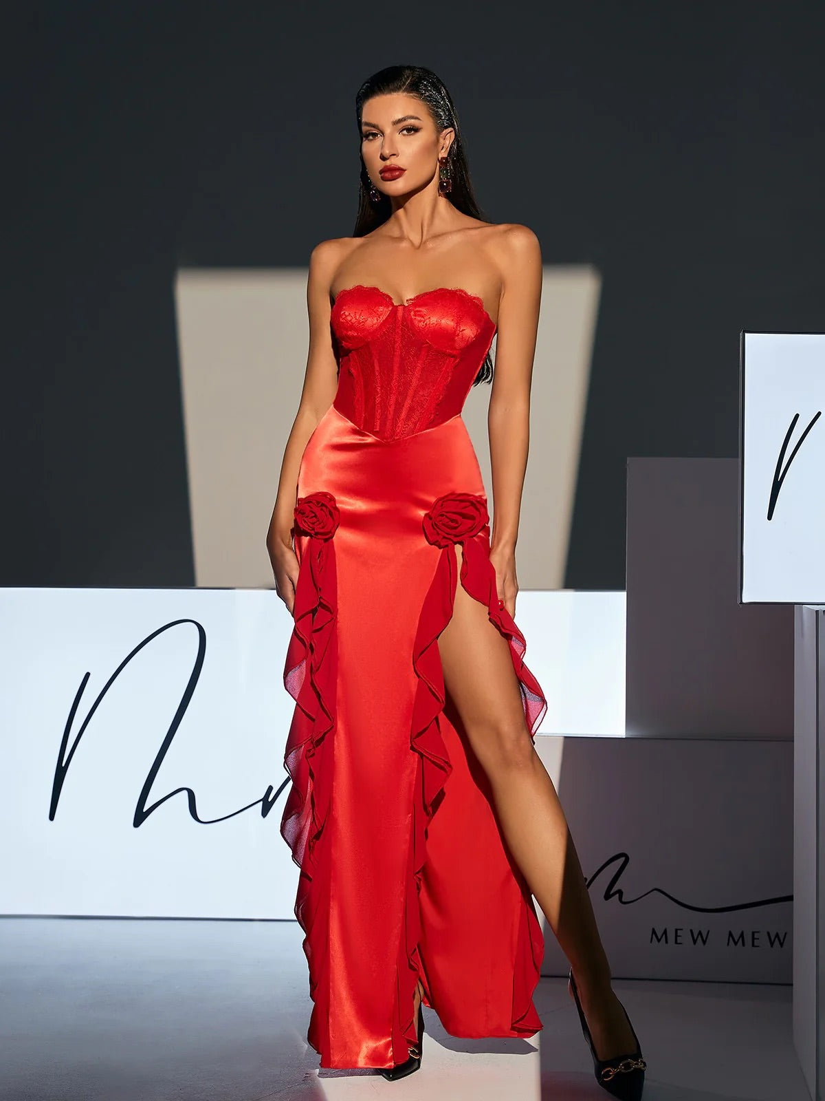 Red satin/lace corset style maxi dress