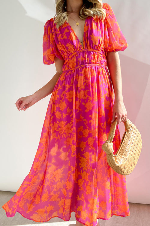 Real Love Print Puff Sleeve Maxi Dress - 6 Colors Pink & Orange