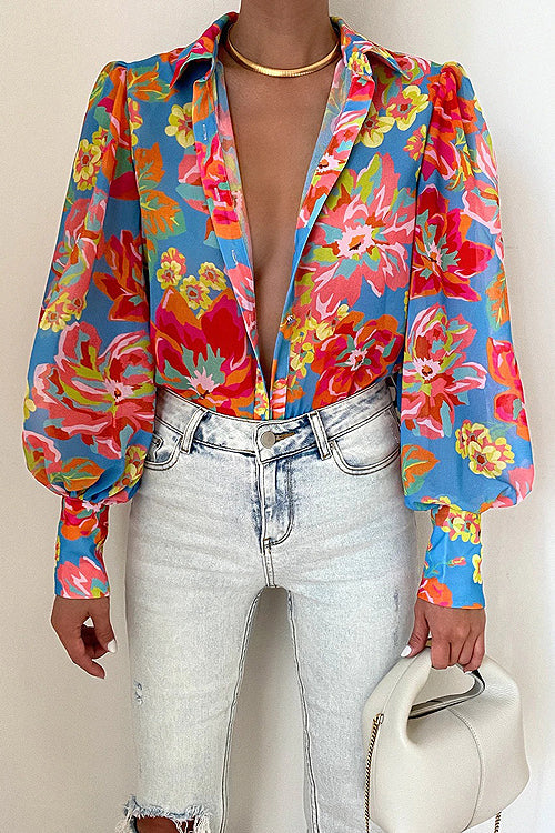 Sunny Side Of Life Floral Print Long Sleeve Top - 9 Colors Blue Flower