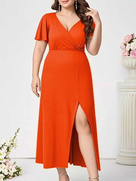 Orange Plus Size Surplice Flutter Sleeve Dress: