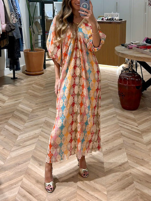 Unique Mosaic Printed Puff Sleeve Pleated Midi Dress Multi