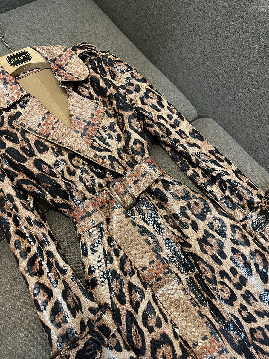 Leopard leather long coat