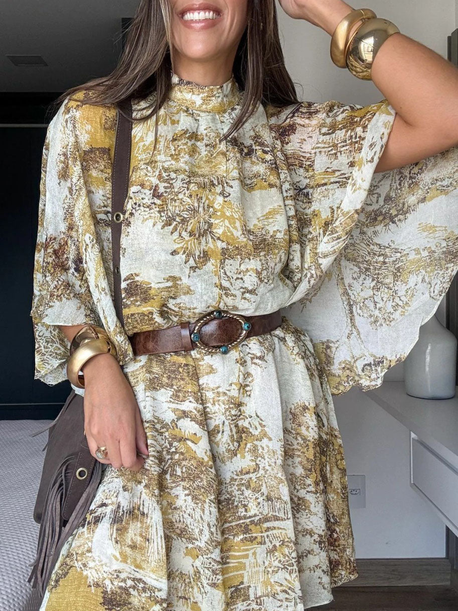Unique Bohemian Print Mini Dress Yellow