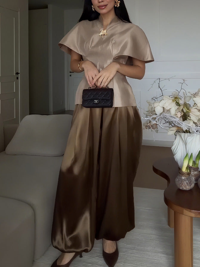 Exquisite Satin Cape Top & Wide-Leg Trousers Two-Piece Set Apricot Set