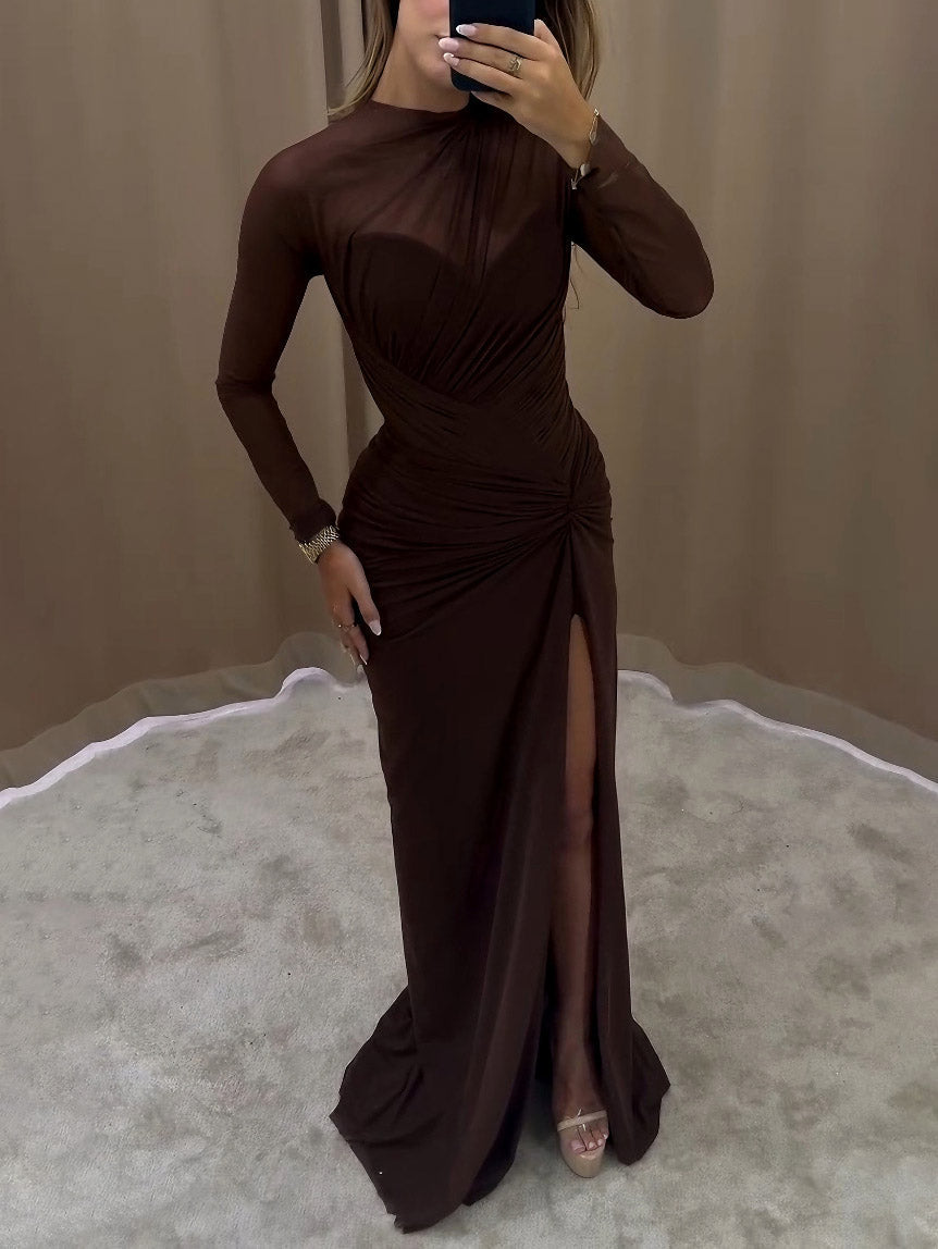 Elegant Draped Long-sleeved Maxi Dress Brown