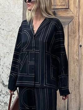 Geometric Letter Print Shirt Wide Leg Suit-Shirt Black