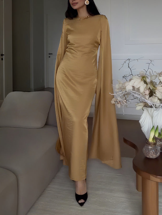 Simple Draped Sleeve Satin Maxi Dress Yellow