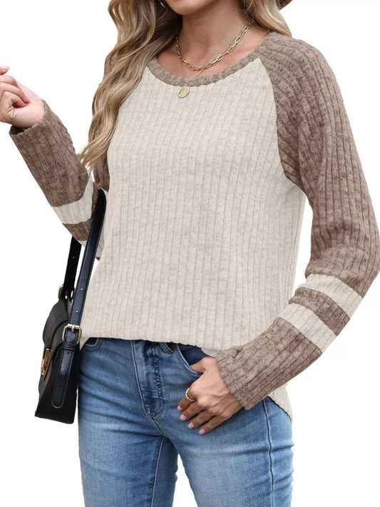 Ribbed Knit Raglan Long Sleeve T-Shirt