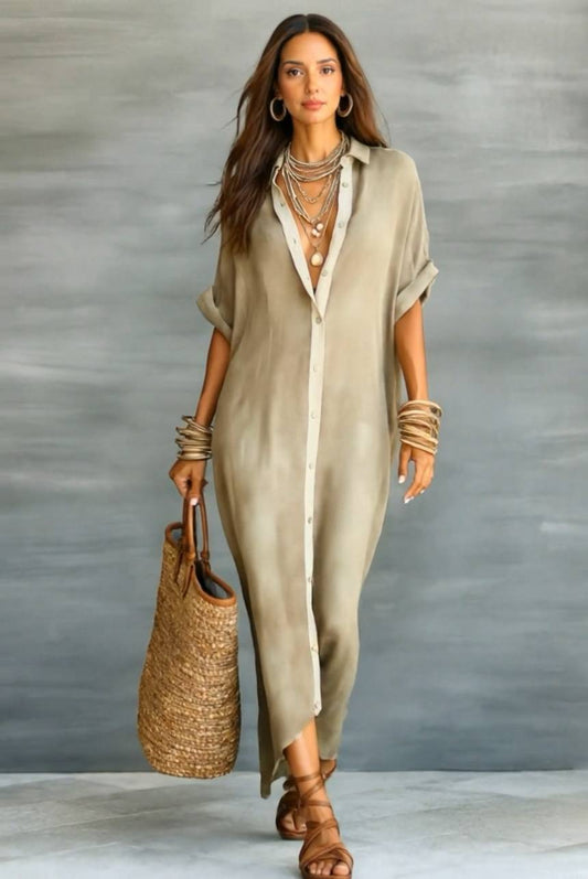 Color Contrast Loose Maxi Shirt Dress