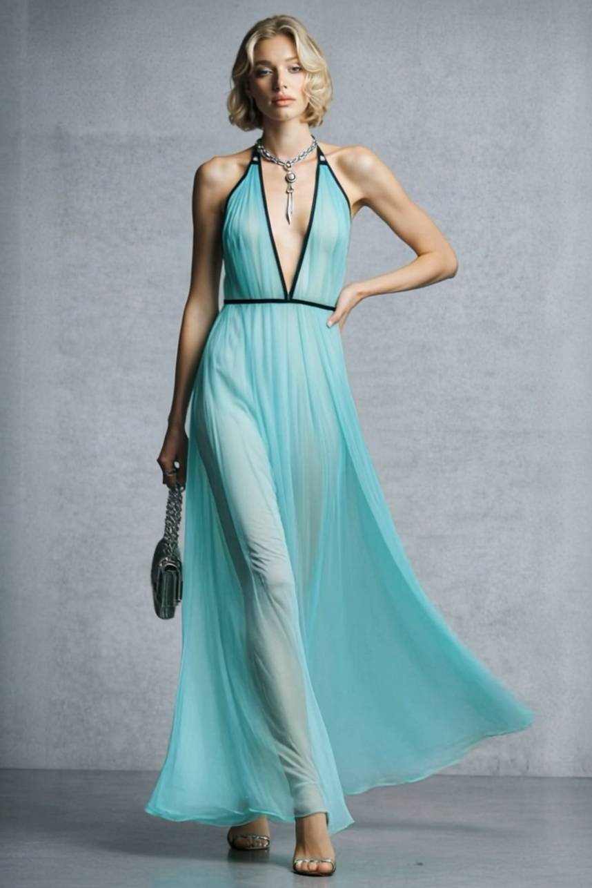 Color Contrast Halter-Neck High Waist Maxi Dress