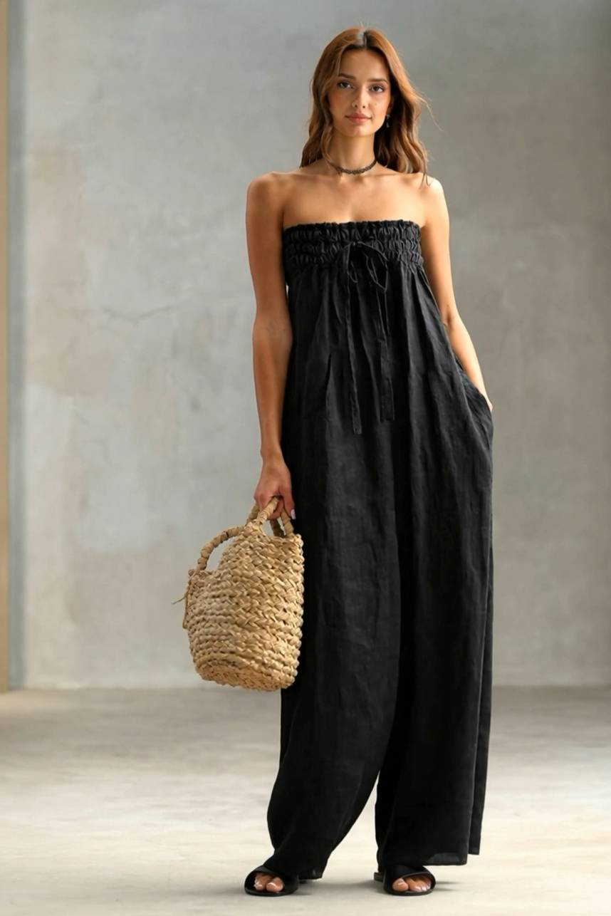 Pleated Design Strapless Jumpsuit