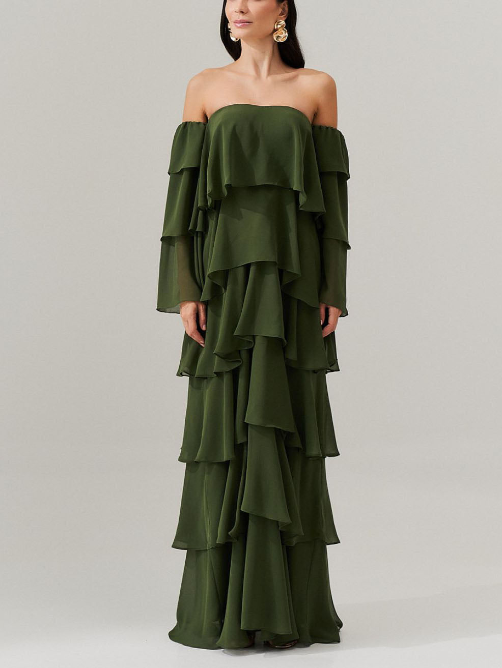 Elegant Off-Shoulder Layered Ruffle Maxi Dress Green