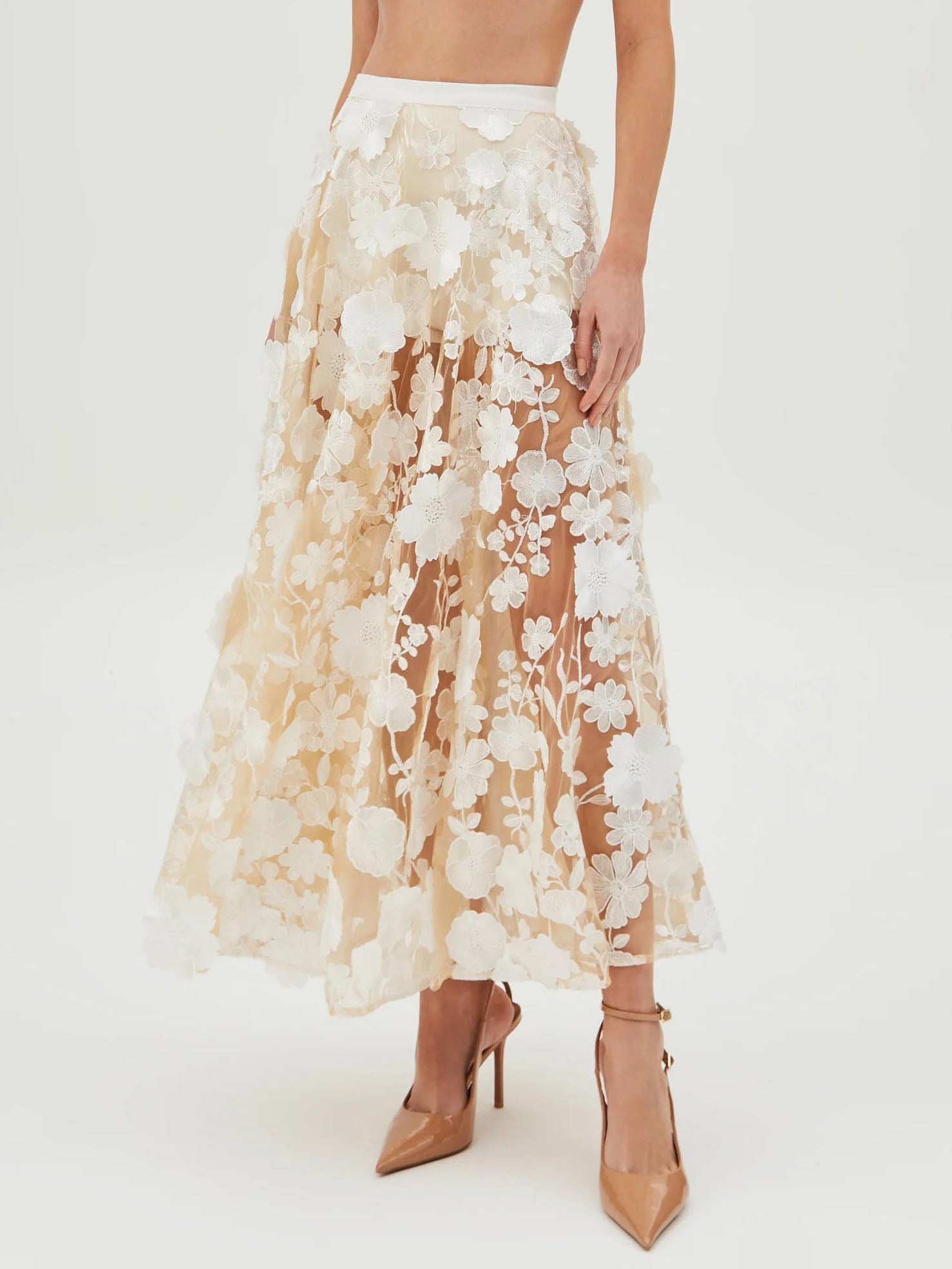 Exquisite Floral Embroidered Sheer Maxi Skirt