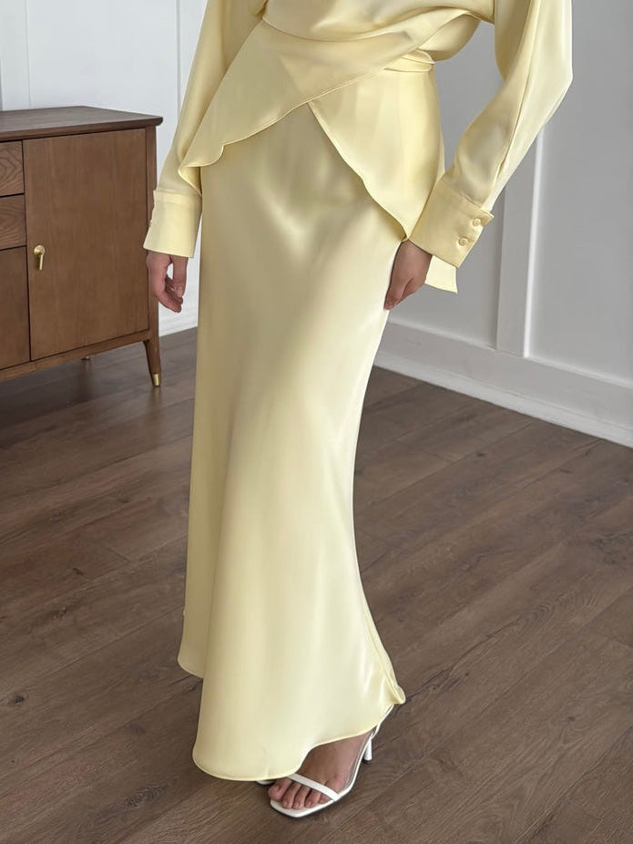 Elegant Draped Satin Mermaid Maxi Skirt Yellow