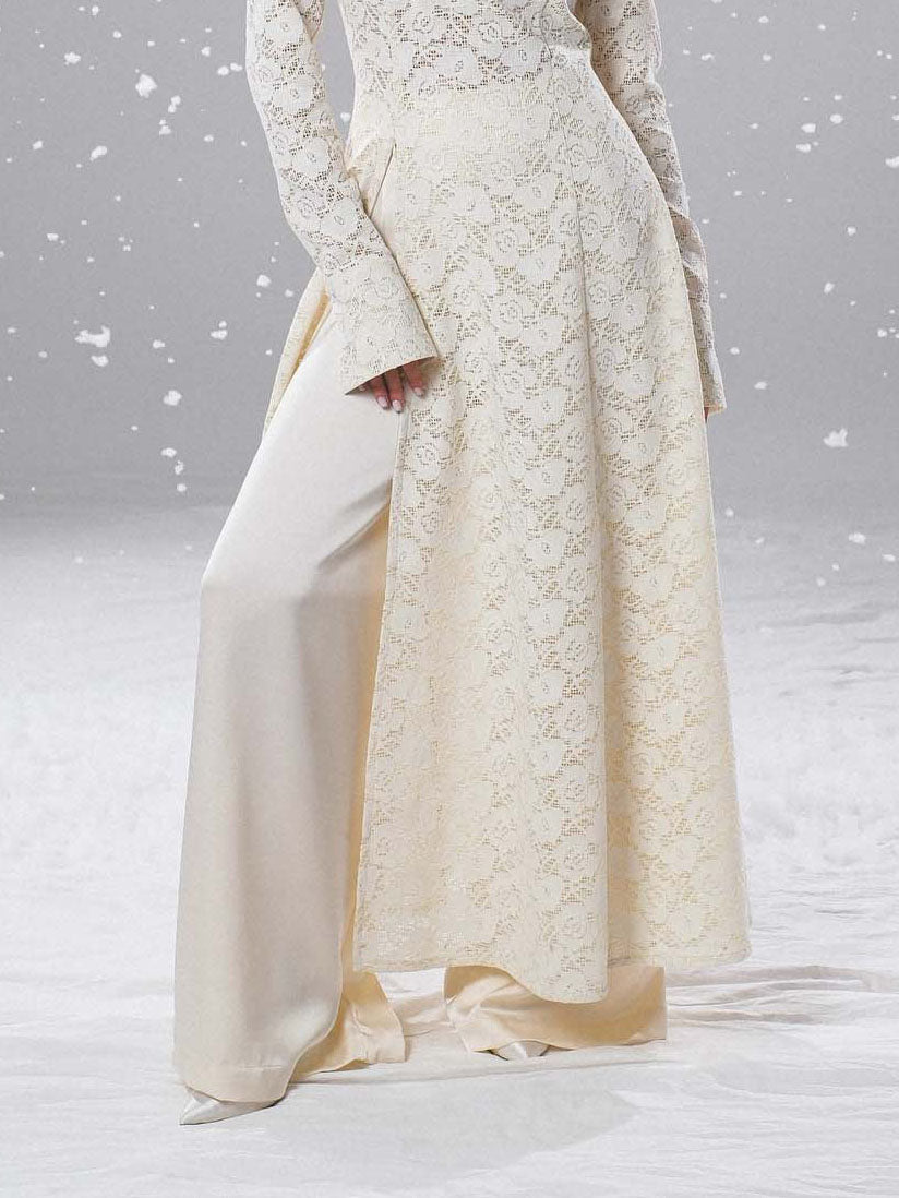 Elegant High-neck Lace Robe & Trousers Two-piece Set Cream Pants