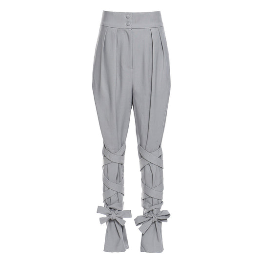 Baggy Pants Unique Cross Lace up Straight Casual Pants Gray