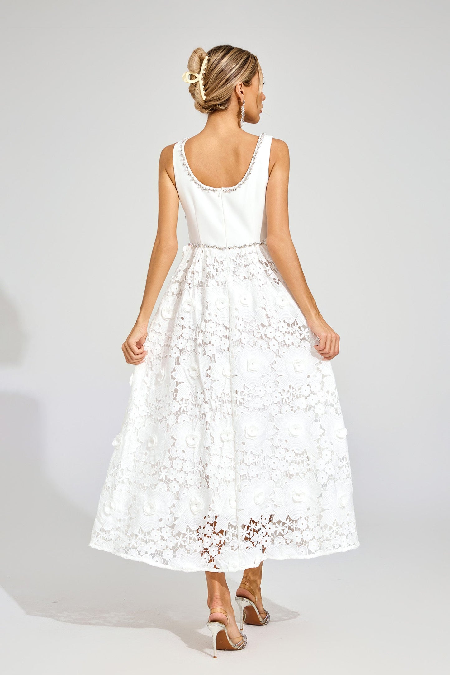 Livia Flower Embroidered Crystal Midi Dress