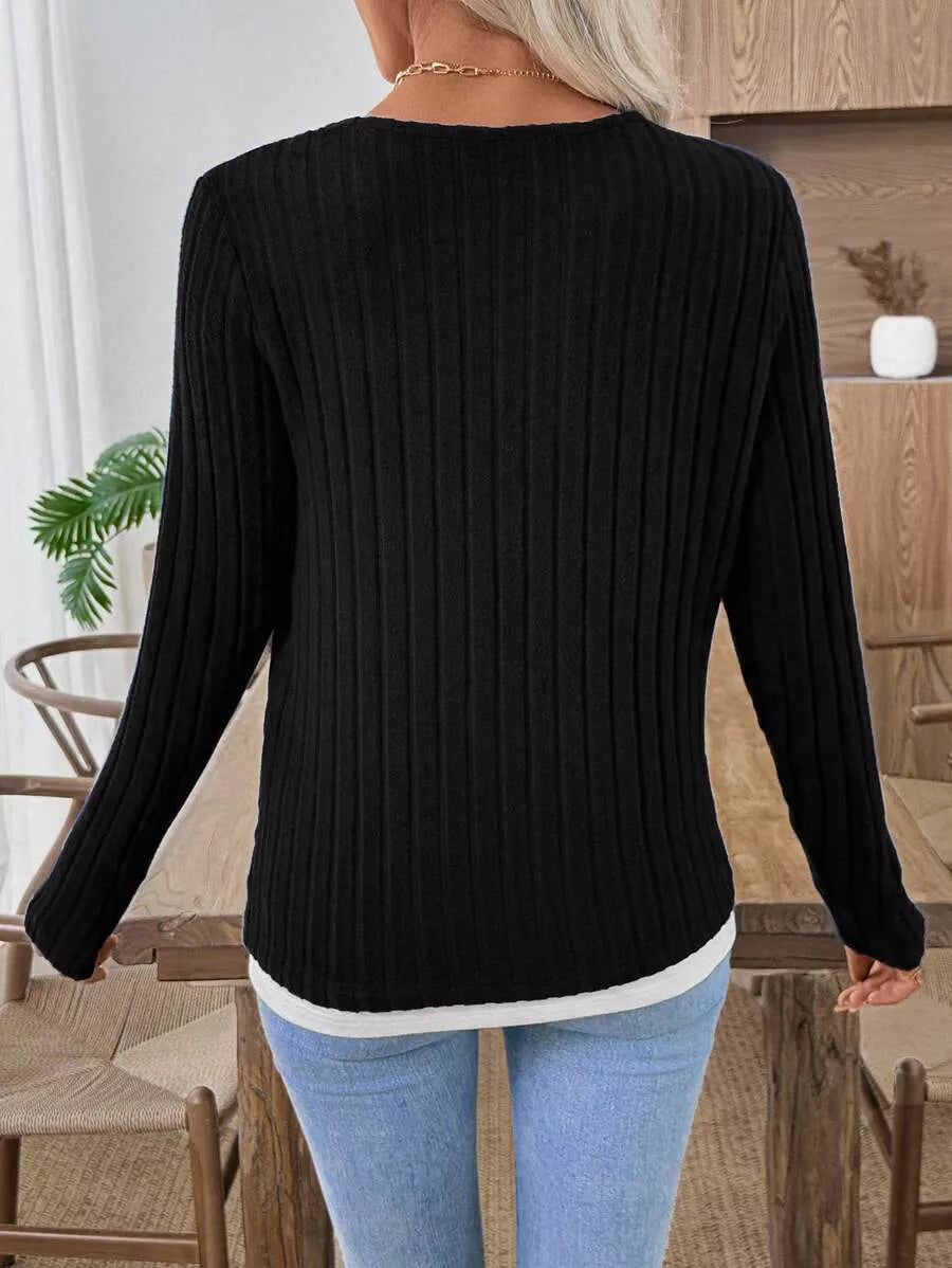 Ribbed Knit Long Sleeve Fake Two-Piece T-Shirt