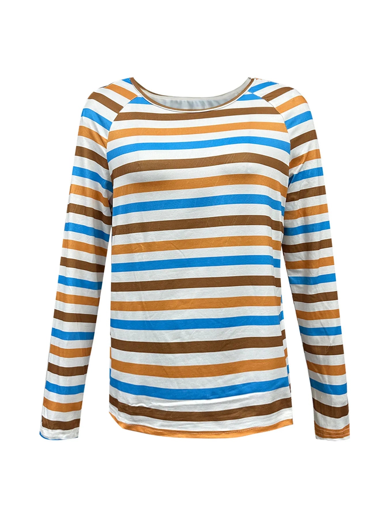 Light Blue and Gold Full Size Striped Long Sleeve Casual Top Plus Size