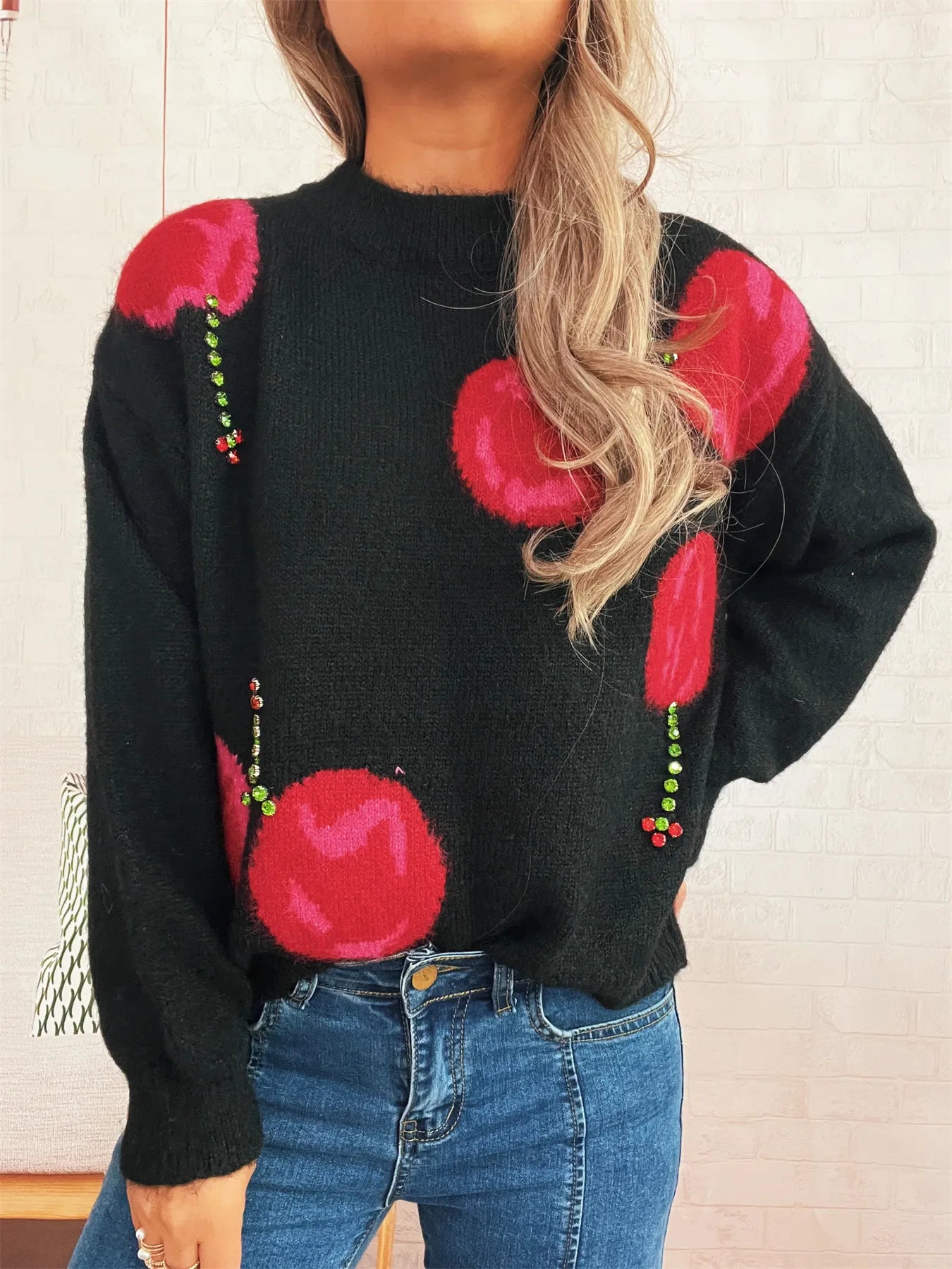 Women’s Contrast Cherry Round Neck Sweater – Cute Knit Pullover for Fall & Winter
