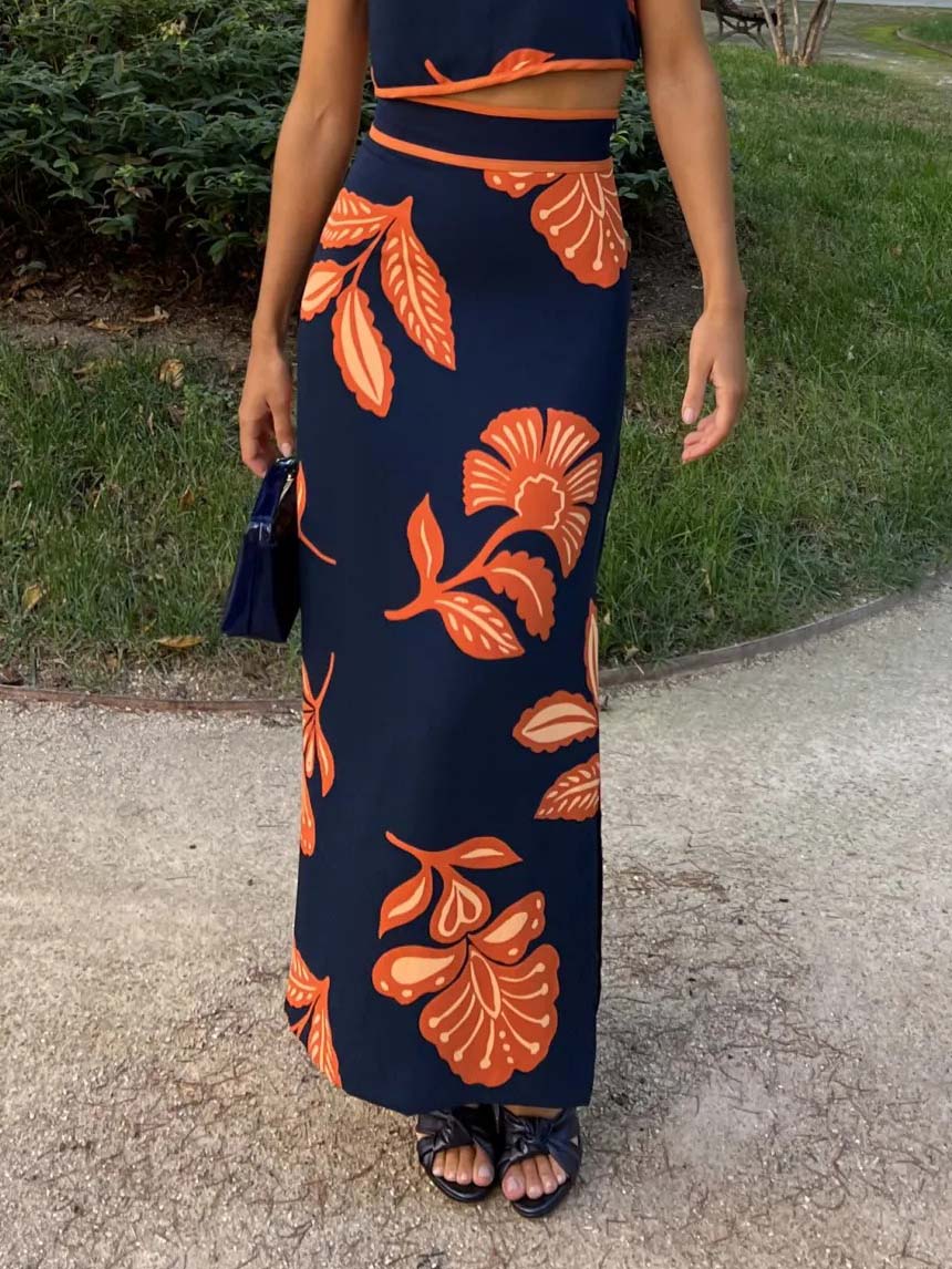 Exquisite Plant And Flower Print Slit Skirt Royal Blue